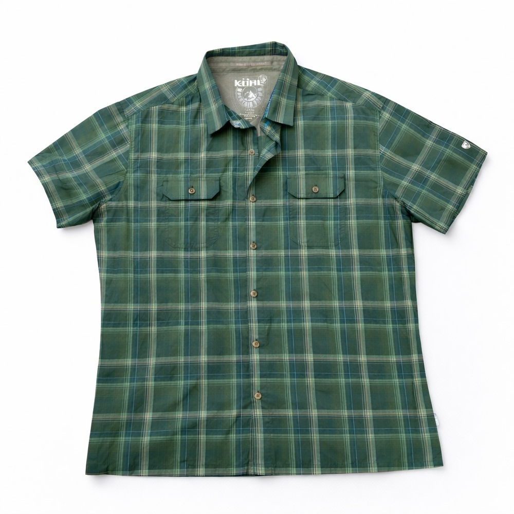 KÜHL Response Shirt Men’s Short Sleeve Plaid Button Up Outdoor Hiking Green